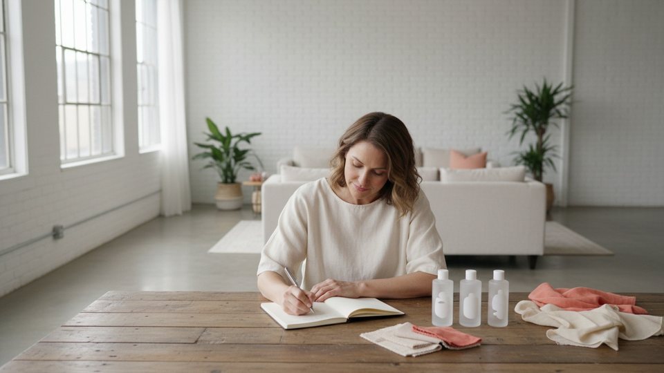 Rédactrice assise à une table lumineuse, entourée de flacons de soin et de carnets ouverts